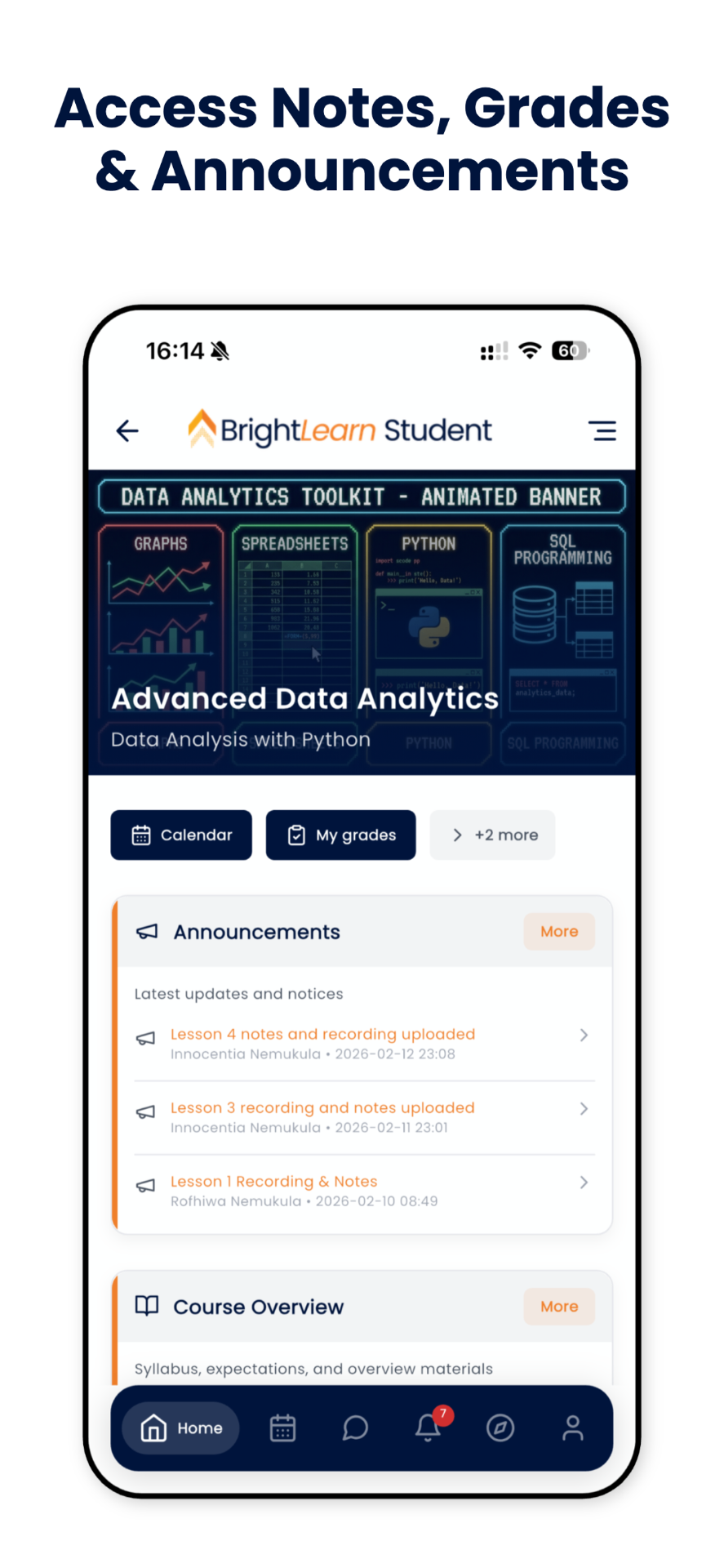 BrightLearn student app home screen showing announcements, grades and course overview