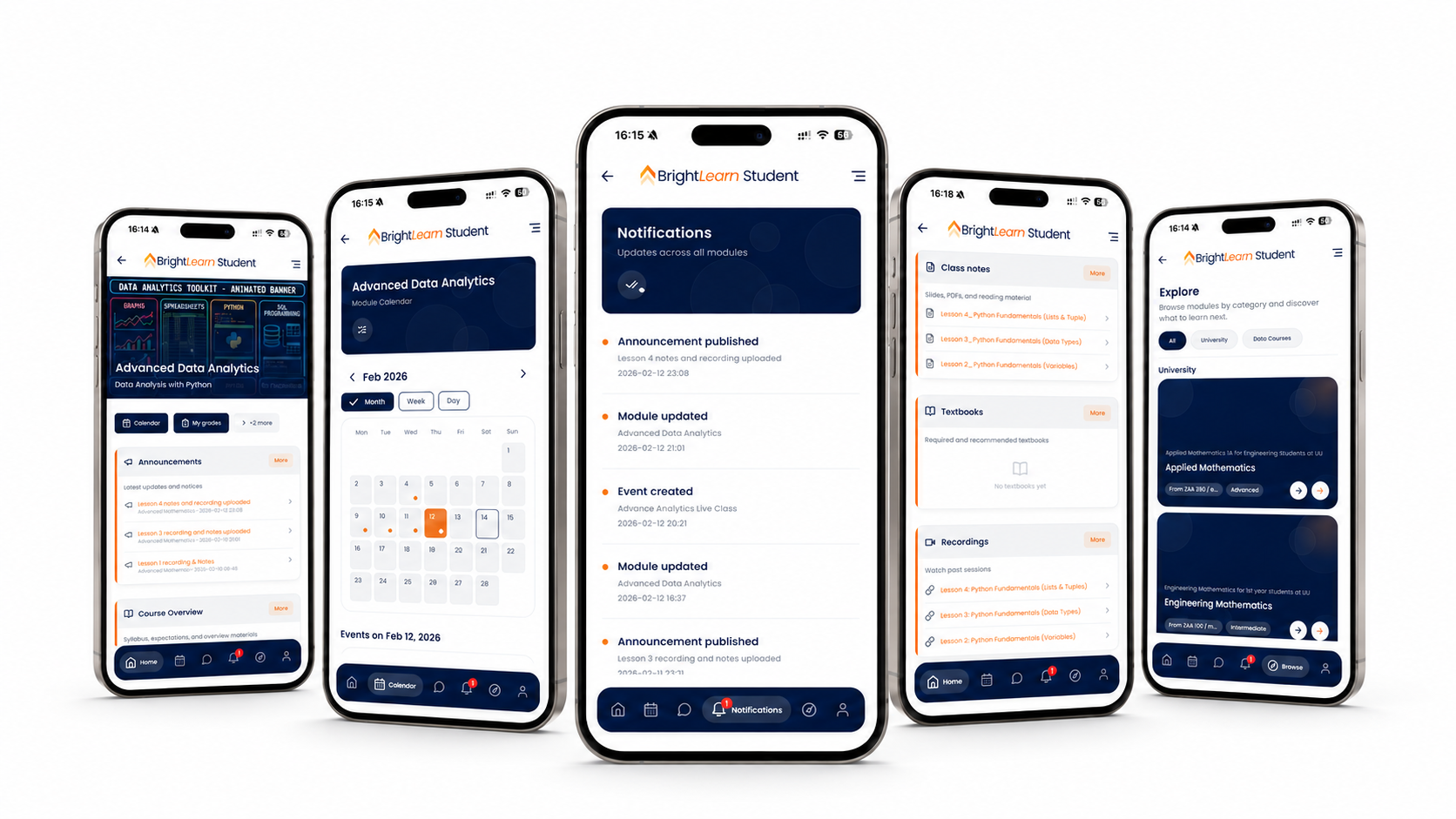 Five BrightLearn student app screens shown on mobile phones