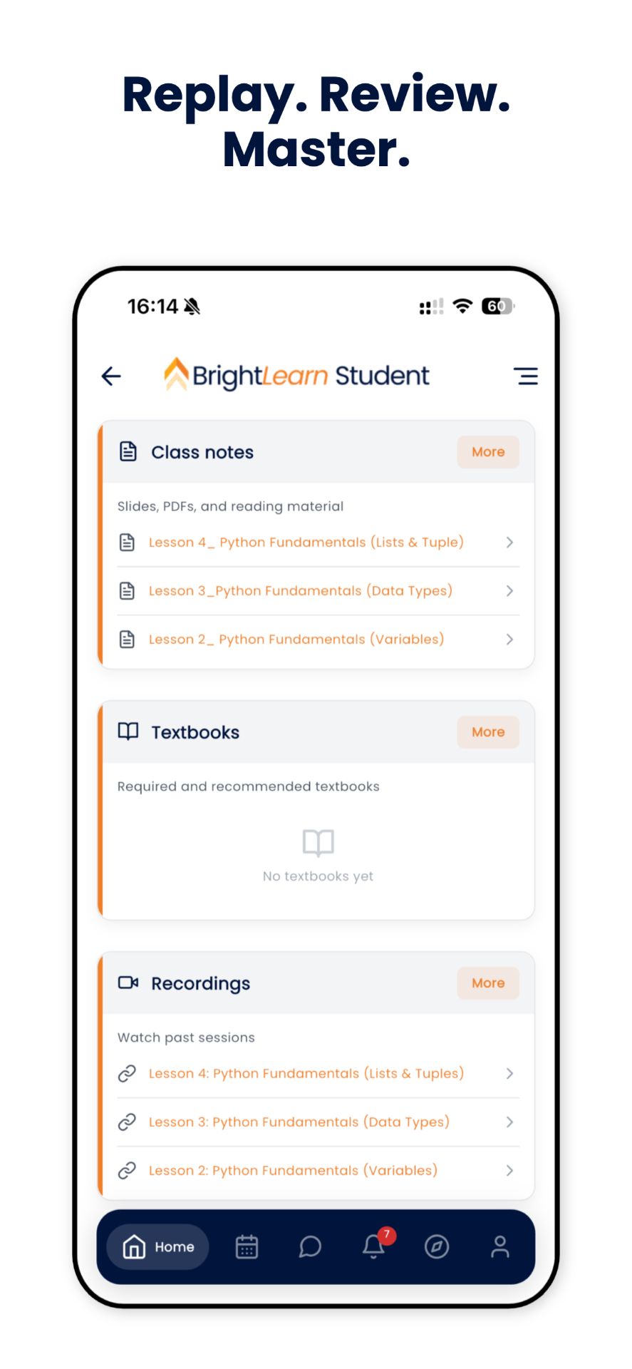 BrightLearn student app resources screen with class notes, textbooks and lesson recordings